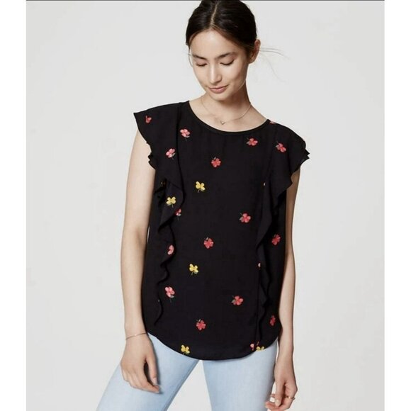 Ann Taylor LOFT Black Pink Yellow Floral Mixed Media Flutter Top Blouse Small - Picture 1 of 7